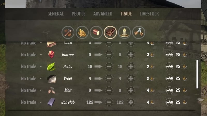This trade menu lets you compare prices for importing base materials or finished goods, which helps weigh local production against importing.