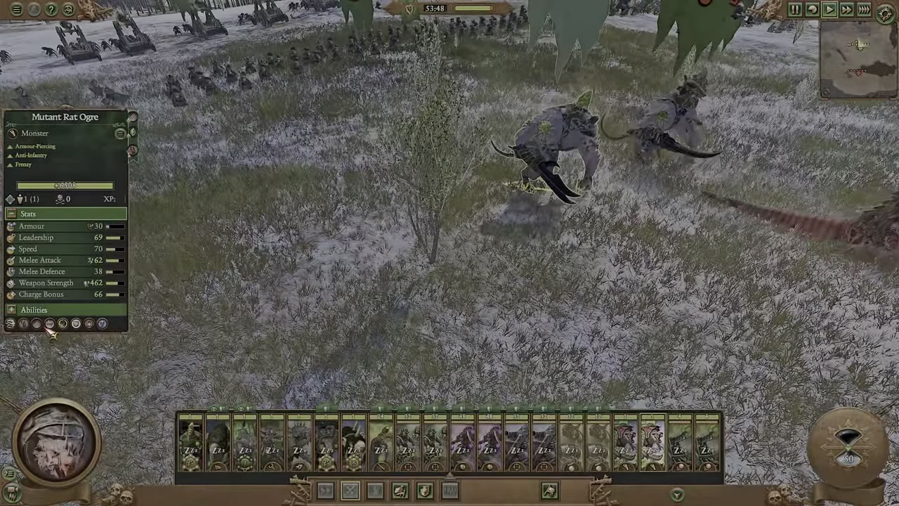 Mutant Rat Ogre unit charging in a snowy battlefield, with their stats and abilities panel open showing 30 armor, 70 speed, 62 melee attack, 38 melee defense, 462 weapon strength, and 66 charge bonus; frenzy ability is visible.