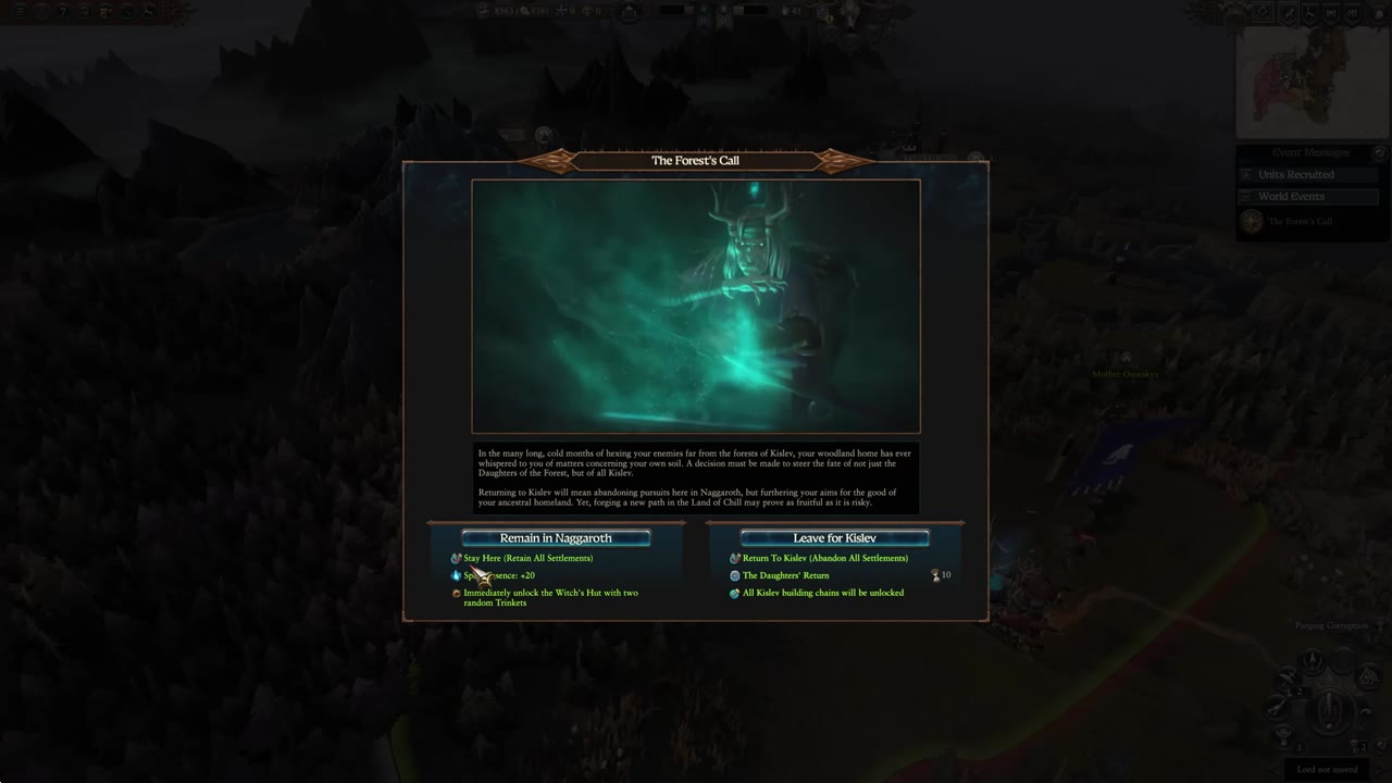 Mother Ostankya’s turn-two decision screen titled 'The Forest’s Call' with clear options: 'Remain in Naggaroth' offering Spirit Essence, Witch’s Hut unlock, and trinkets; 'Leave for Kislev' unlocking Kislev building chains and 'The Daughters Return.'"