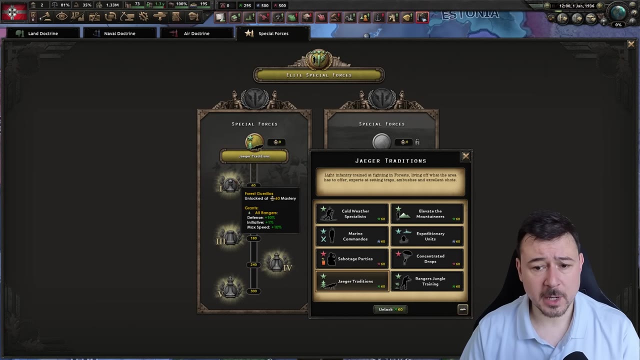 The special forces sub-doctrine dialog with Jaeger Traditions selected and a tooltip on its first perk, 'Forest Guerillas', granting All Rangers Defense +10%, Initiative +1% and Max Speed +10%