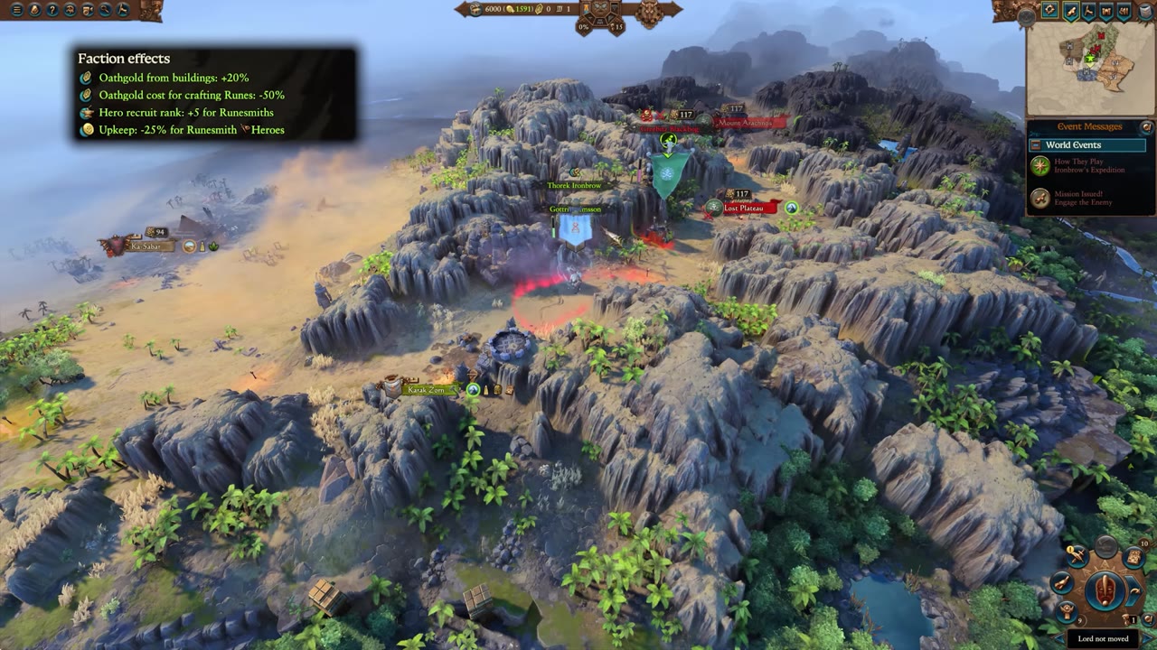 Thorek Ironbrow campaign map with the faction effects panel visible, showing Oathgold from buildings +20%, Oathgold cost for crafting runes -50%, hero recruit rank +5 for Runesmiths, and upkeep -25% for Runesmith and heroes.