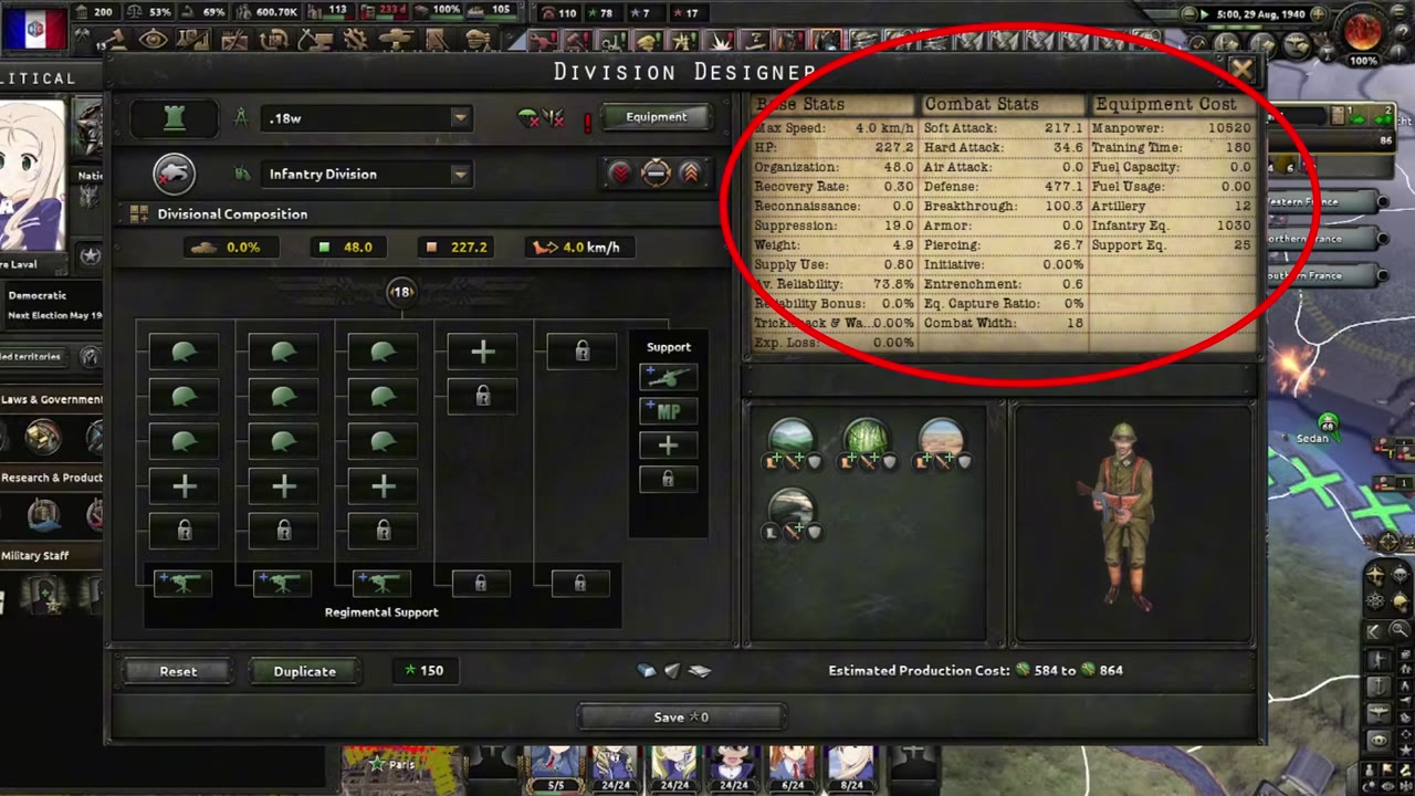 Division Designer open on an 18-width Infantry Division: three regimental heavy weapons company icons at the bottom, two support-company slots filled on the right, and a stats panel (circled) reading 227.2 HP, 217.1 soft attack, 34.6 hard attack and 10,520 manpower.