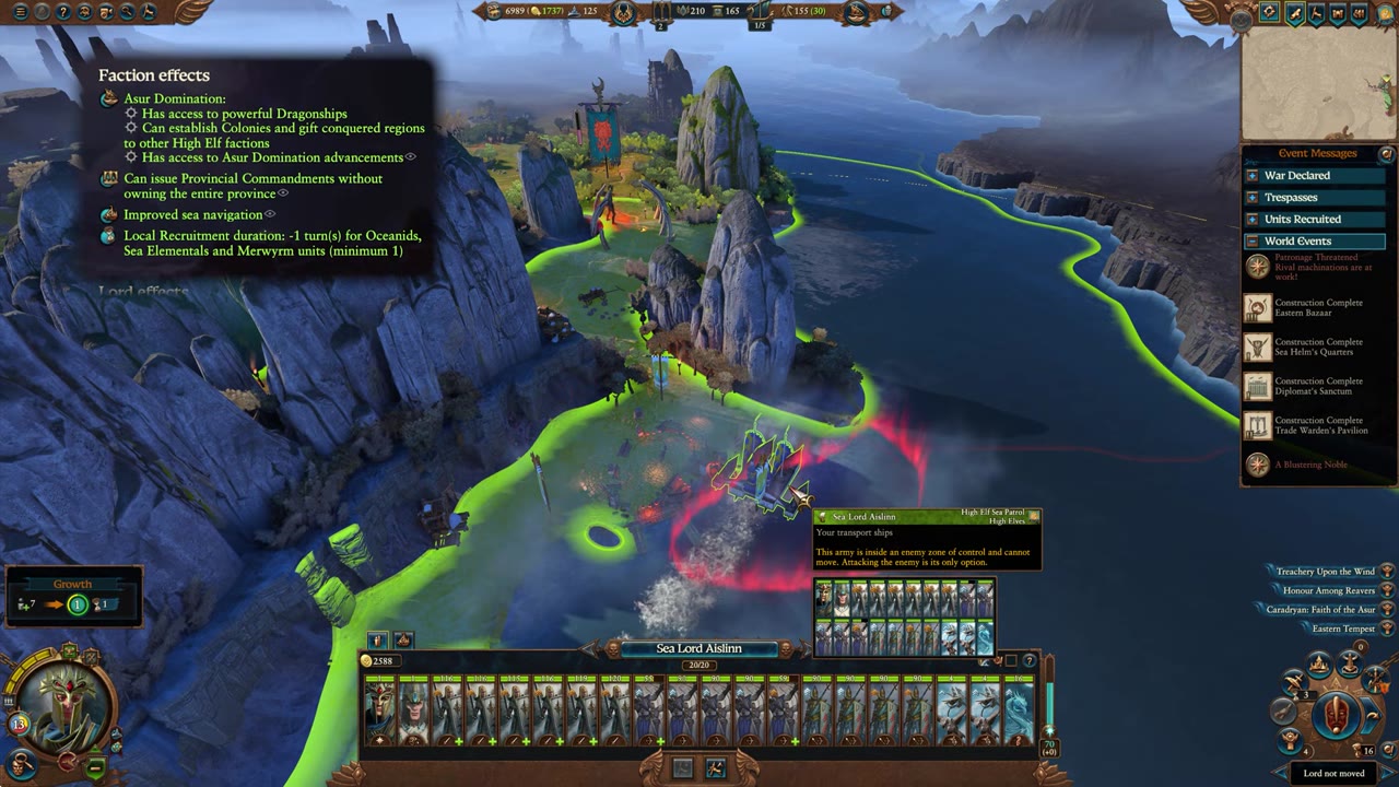 Campaign map view of Sea Lord Aislinn's dragon ship army with roster, growth indicator, currency values, and an info panel listing faction effects related to dragon ships and colonies.