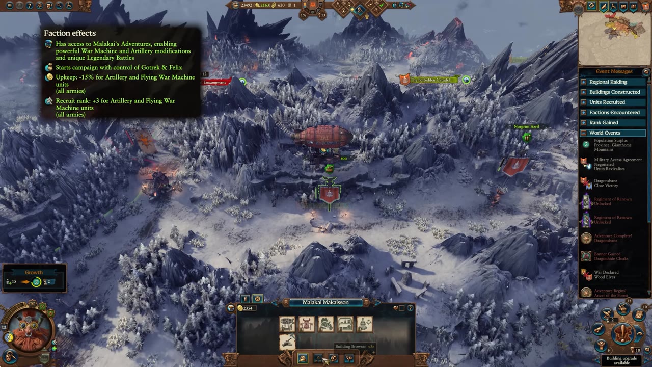 Campaign view of Malakai Makaisson with the Spirits of Grungi airship, faction effects tooltip listing adventure access, Gotrek & Felix start, artillery and war machine bonuses, and army support options in the lower panel.