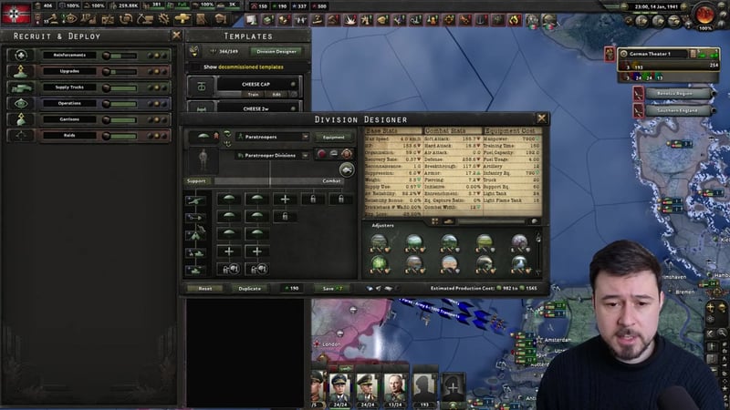 A streamlined paratrooper division template aimed at quick harbor seizures is displayed in the Division Designer.