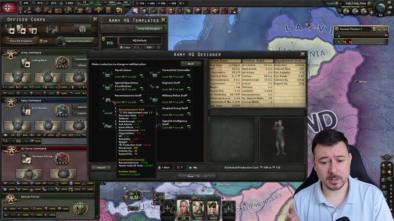 Army HQ Designer with the Reconnaissance Staff tooltip open, showing Commander bonuses of Reconnaissance +10.0% and Terrain Traits XP Gain +20.00%