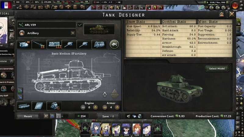 Tank Designer for the Basic Medium SP Artillery (ARL V39): six module slots filled, including gun and radio icons badged II and III and two matching twin-barrel cannon icons, with 0 engine clicks and 4 armor clicks. Stats: 96.2 soft attack, 8.0 hard attack, 62.1 breakthrough, 54.3% reliability.