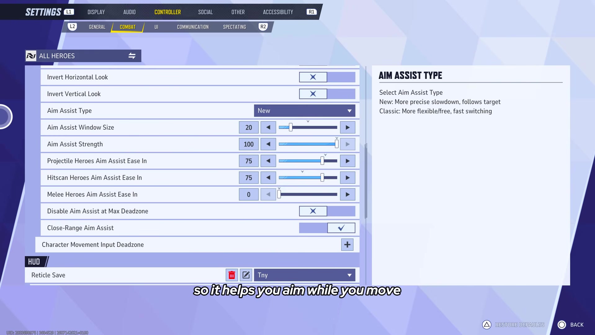Aim Assist Type settings menu showing New selected, Window Size 20, Strength 100, and Ease-In values for Projectile, Hitscan and Melee heroes