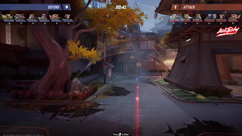 Overview of the attacker spawn area on Spider-Islands, a Tokyo street lined with a large tree and paper lanterns