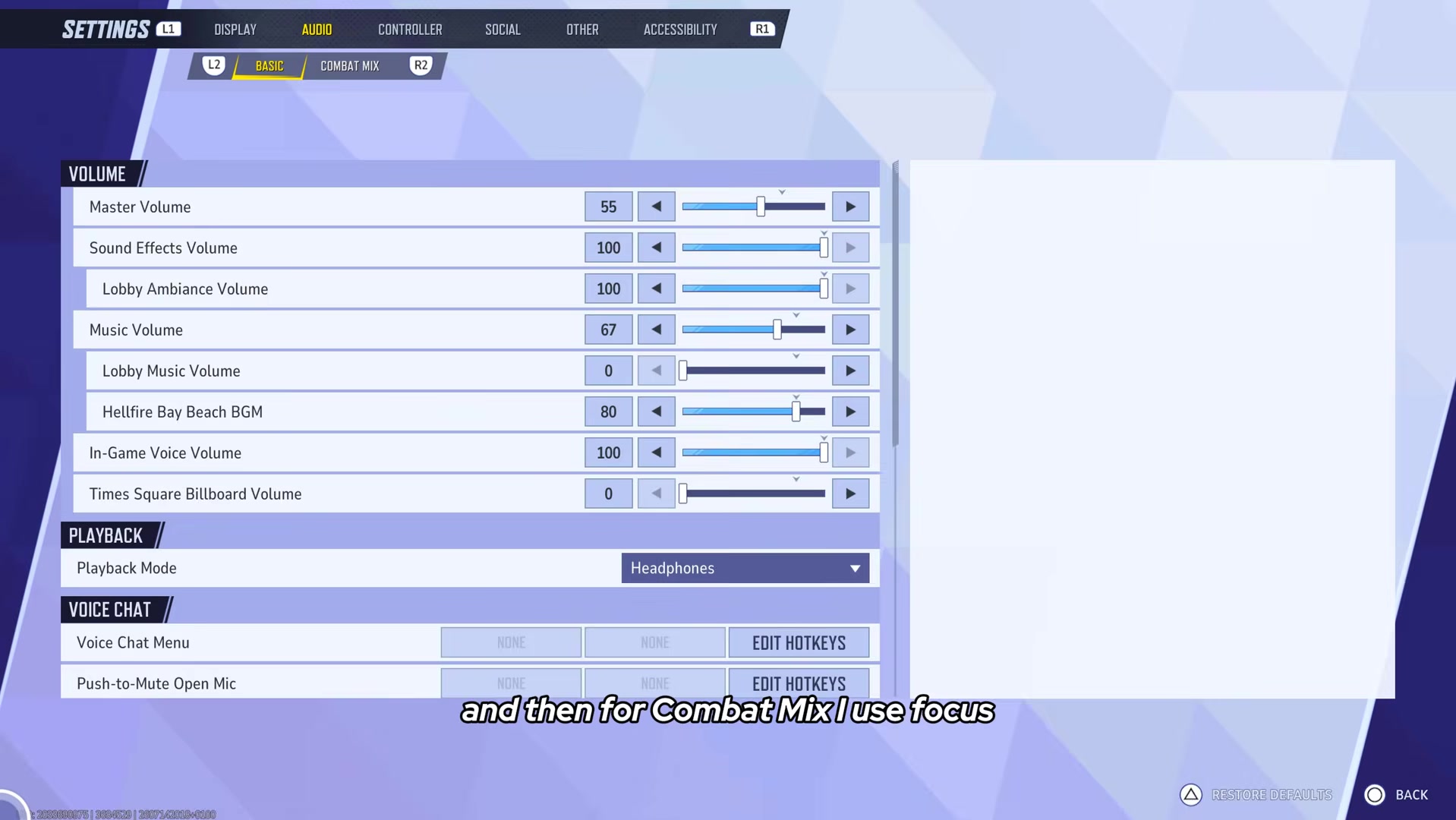 Marvel Rivals audio settings menu showing Master Volume, Sound Effects, Music and Combat Mix set to Focus