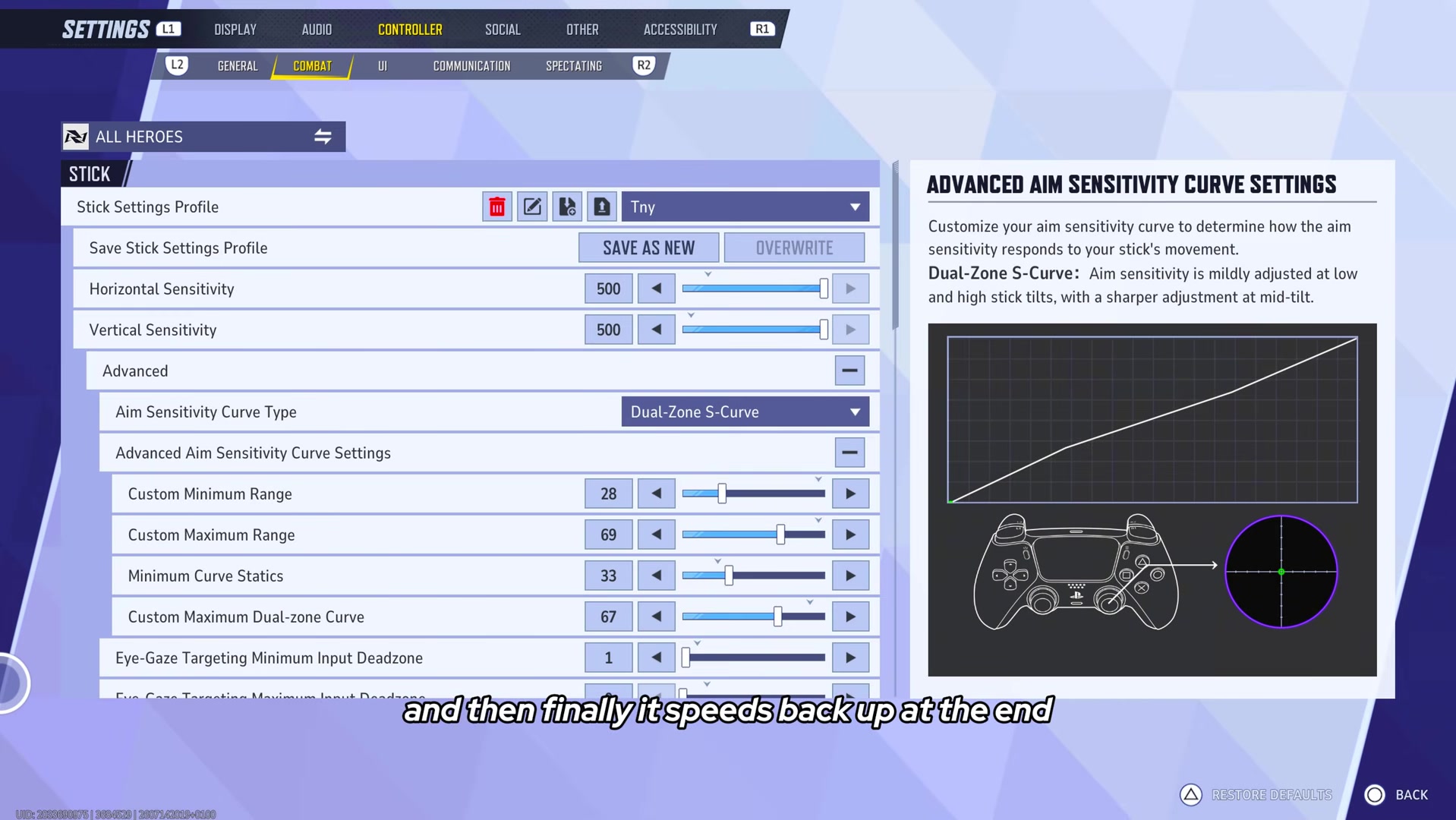 Advanced Aim Sensitivity Curve Settings screen showing the Dual-Zone S-Curve graph and controller diagram