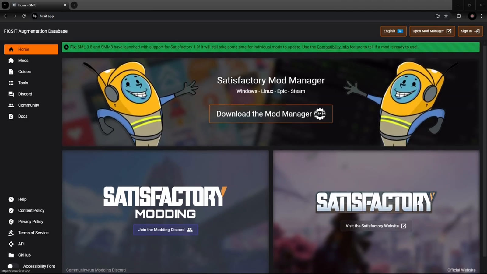 The Satisfactory Mod Manager's open button in the top-right corner, used to launch the tool once it's installed on a computer