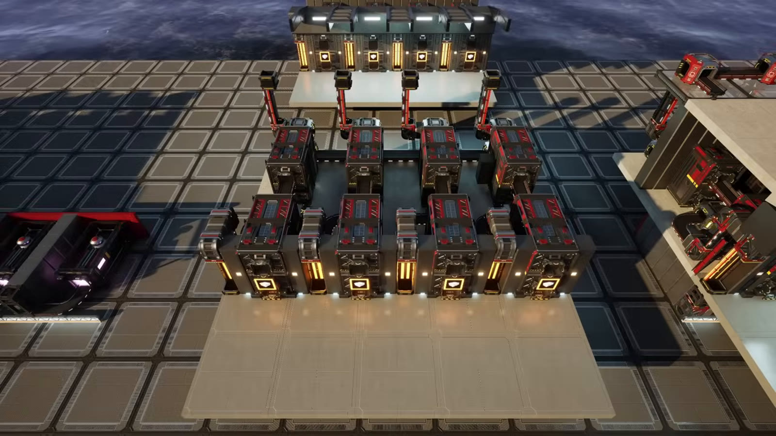 An overview of the three-floor central storage design: Dimensional Depot on the bottom floor, main storage in the middle, sink lines on top