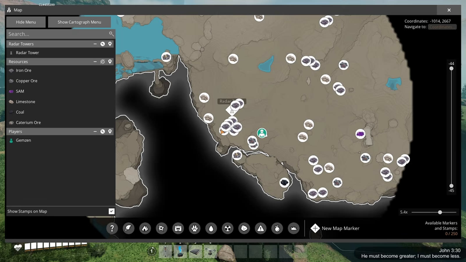 The Grass Fields map view showing eight impure Iron nodes clustered around the southern starting area