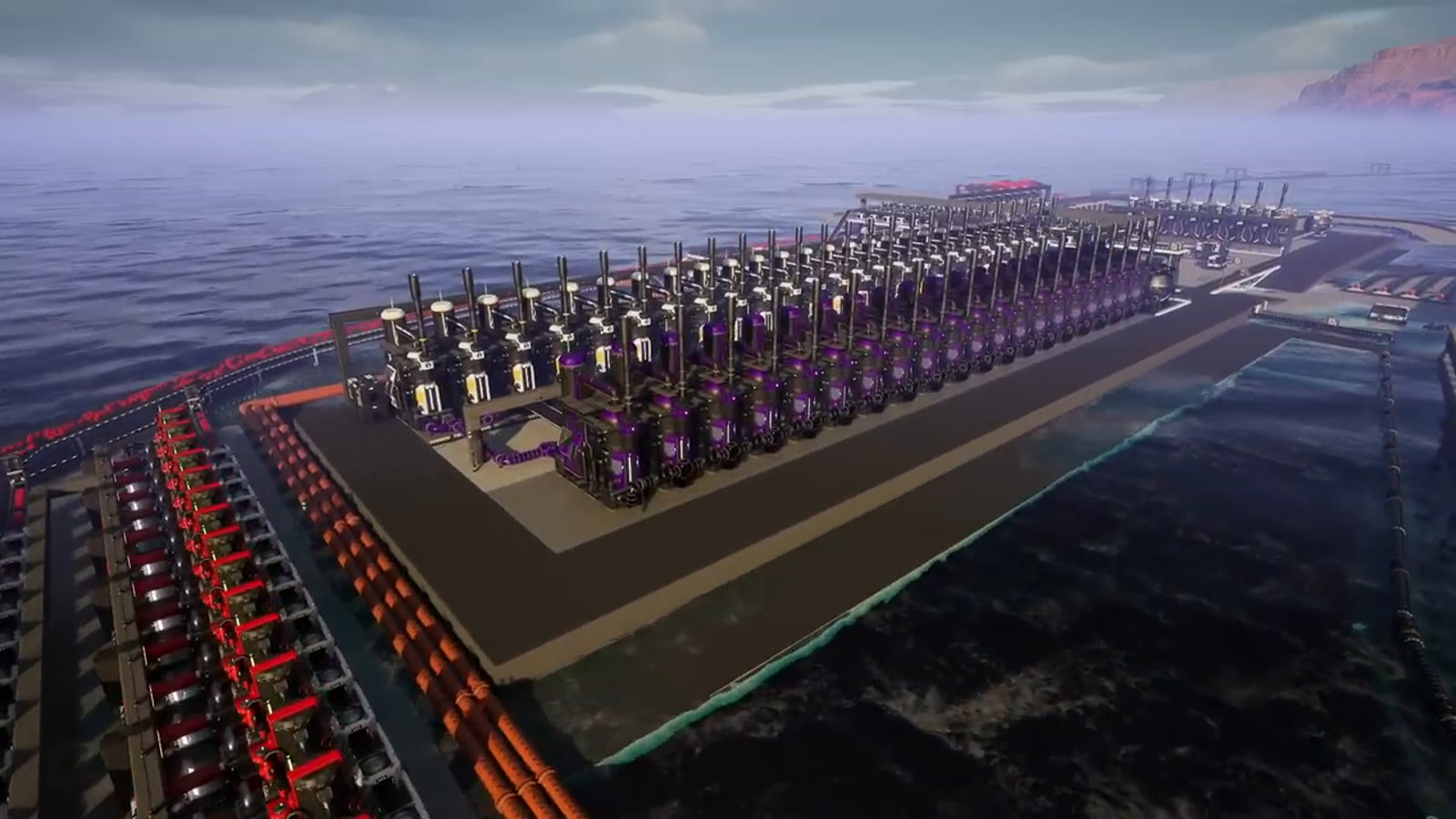 A flooded oil processing area, showing backed-up conveyor belts and pipes full to capacity after a byproduct went unconsumed