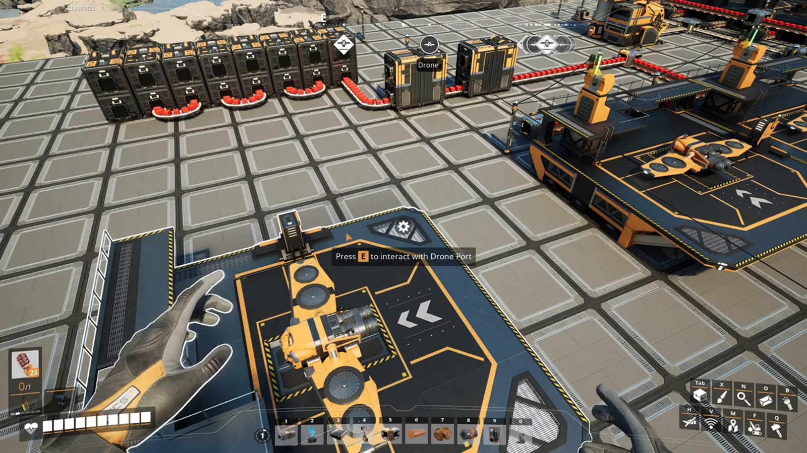 A Drone Port with a Drone resting on top, showing the single input and output cargo ports plus a separate fuel input