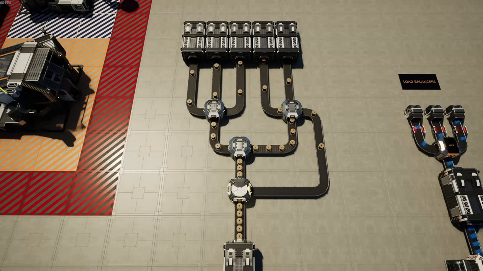 A one-to-seven load balancer build, showing the input split into three lines that each split again to reach seven balanced outputs