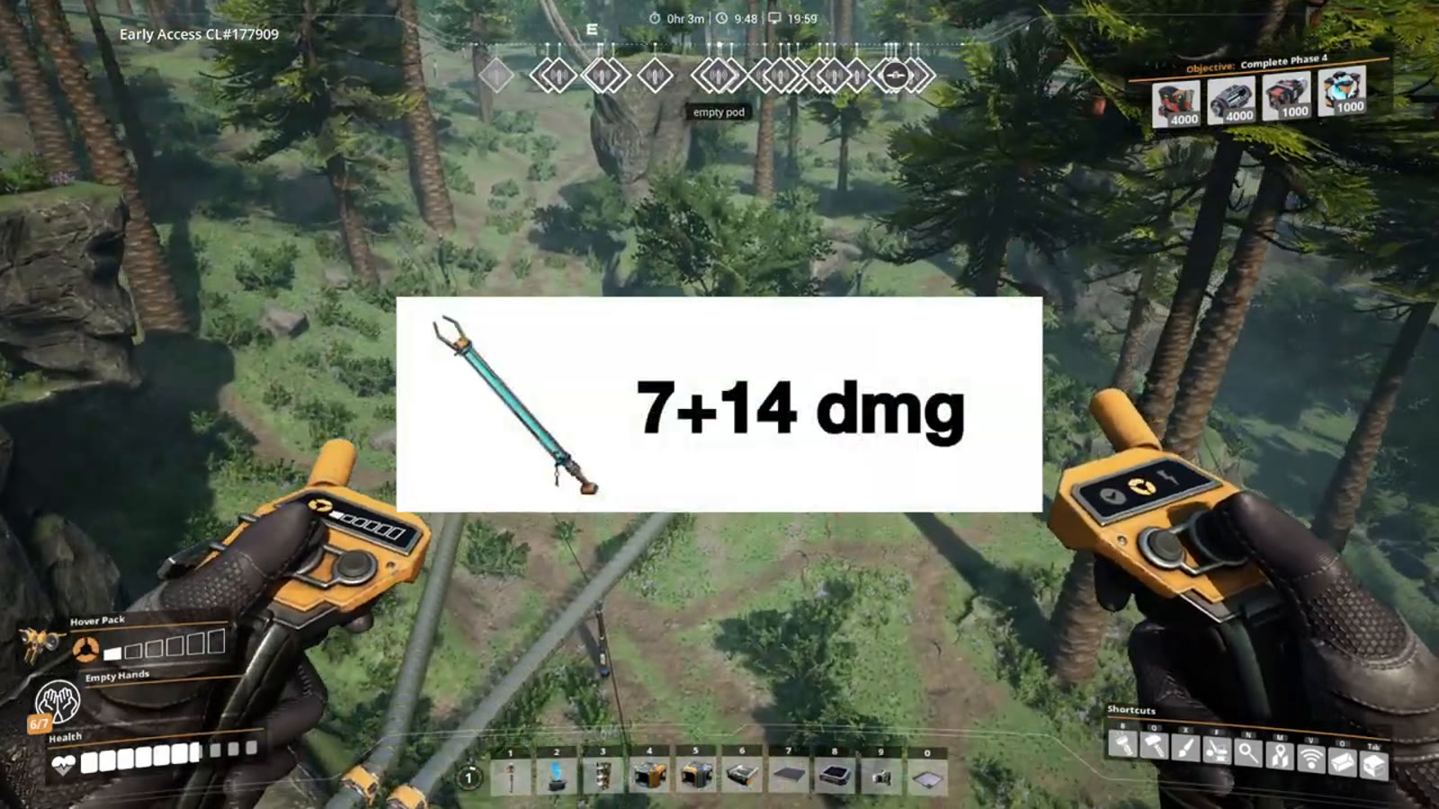 The player wielding a melee weapon and swinging at a nearby creature