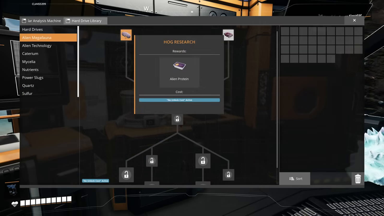 The MAM's research tree UI showing category tabs: Hard Drives, Alien Megafauna, Alien Technology, Caterium, Mycelia, Nutrients, Power Slugs, Quartz, Sulfur