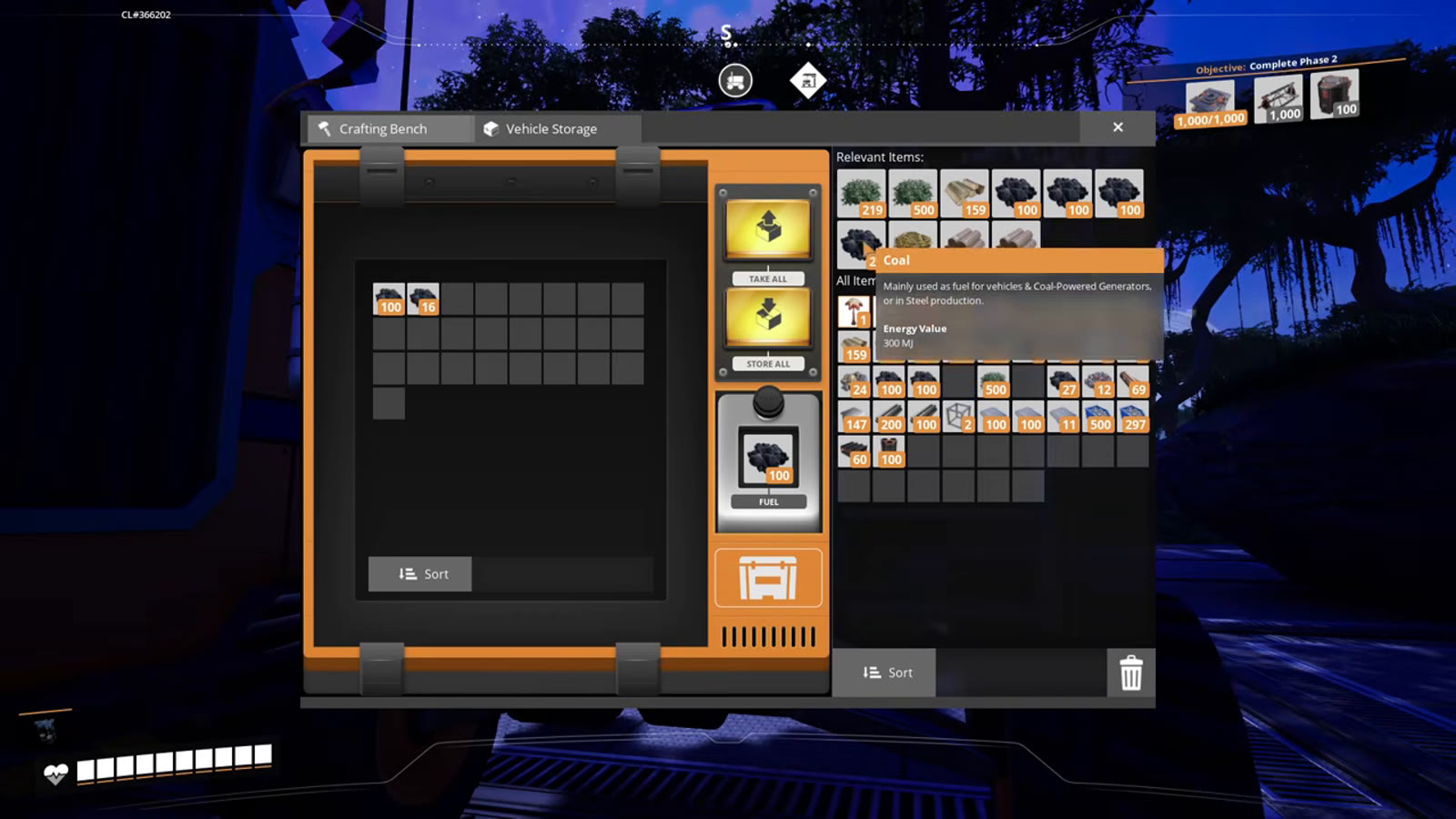 The in-game hatch UI on a Tractor, showing cargo slots and a fuel slot that can be filled manually or automatically from a station