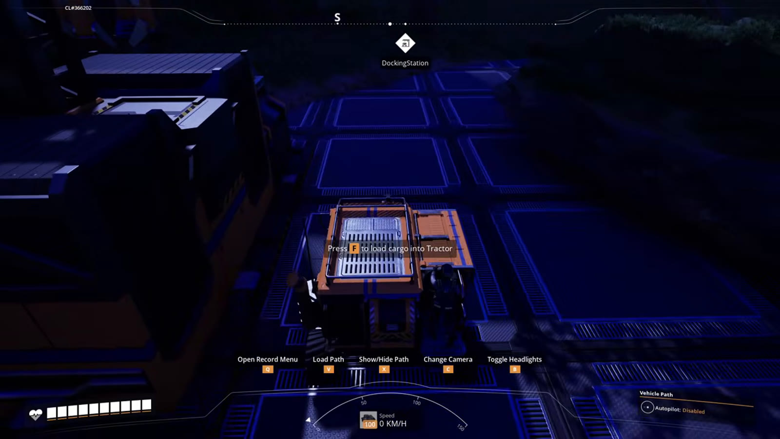 The player manually driving a Tractor along a road, with the on-screen prompt showing the controls used to begin recording a route