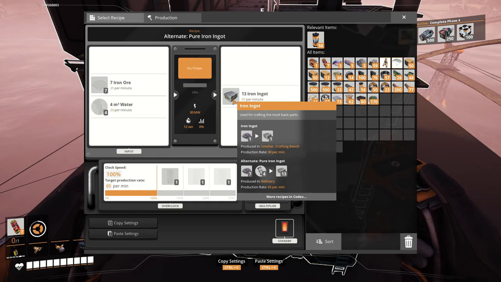 Nine Refineries running the Pure Iron Ingot alternate recipe, converting iron ore and water into ingots at nearly double the standard rate