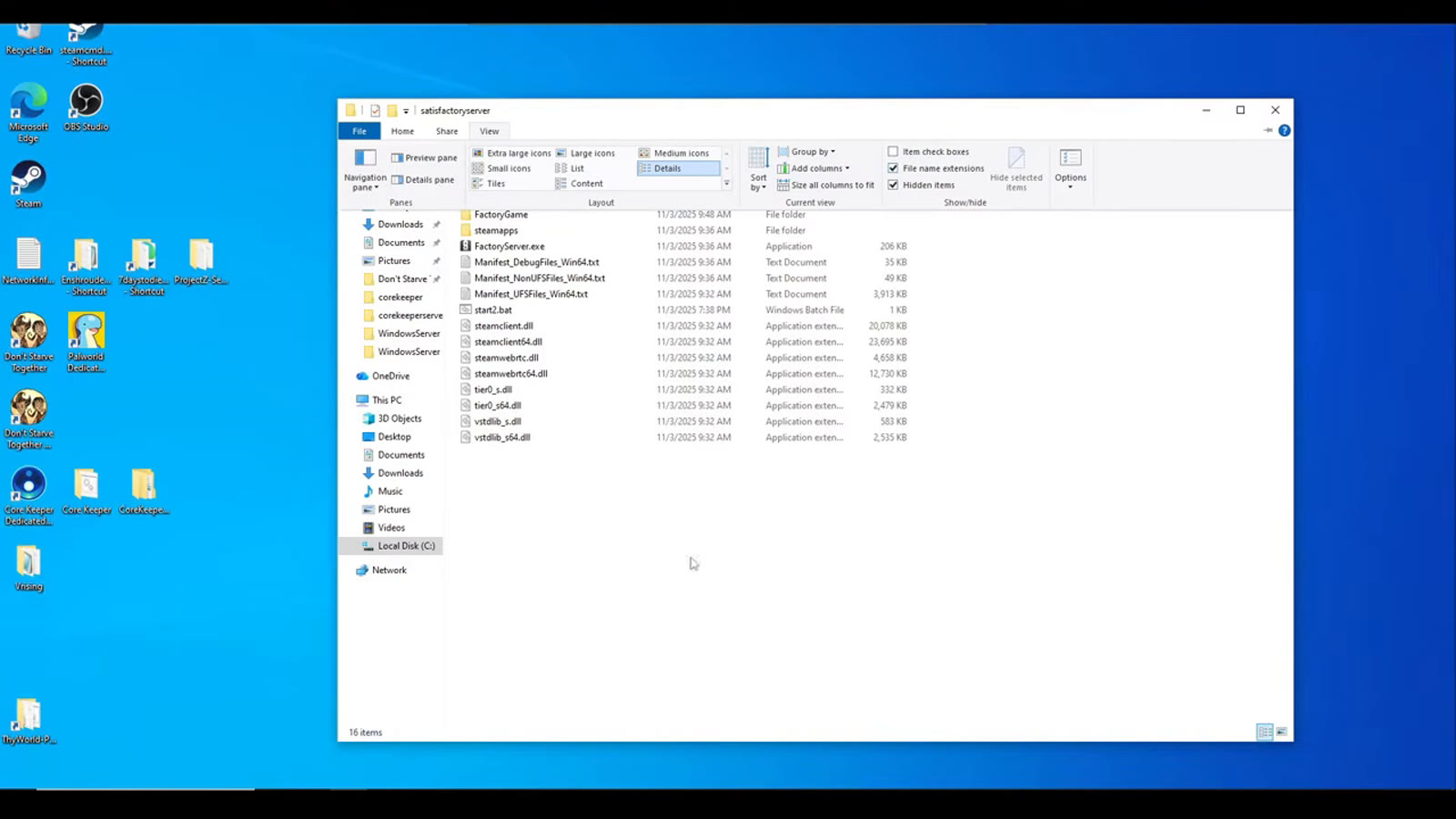 A text editor with a batch file being created and renamed to start the FactoryServer.exe executable with logging enabled