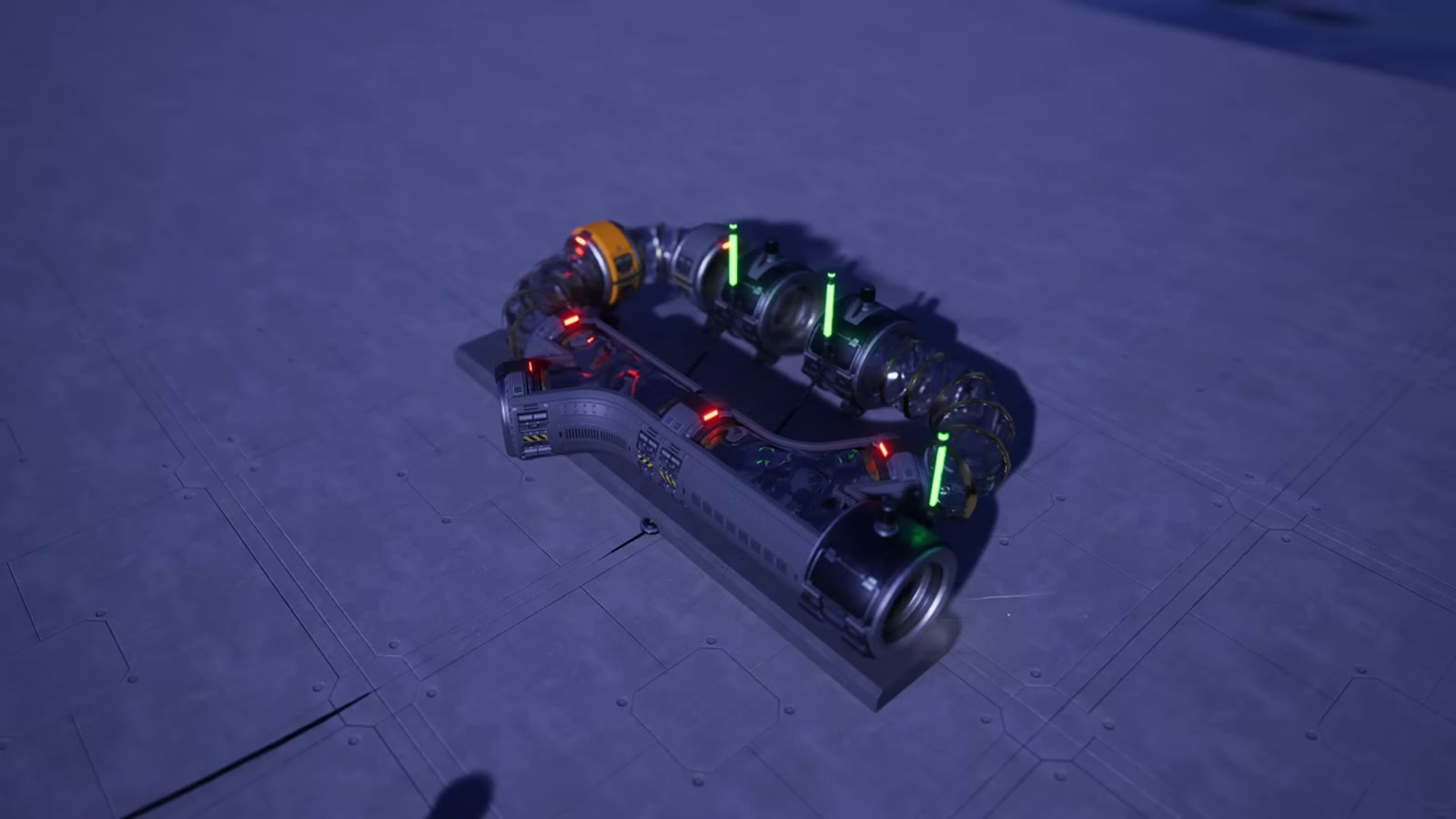 A row of short hypertube segments and entrances chained in a straight line, forming the entrance sequence of a hypertube cannon