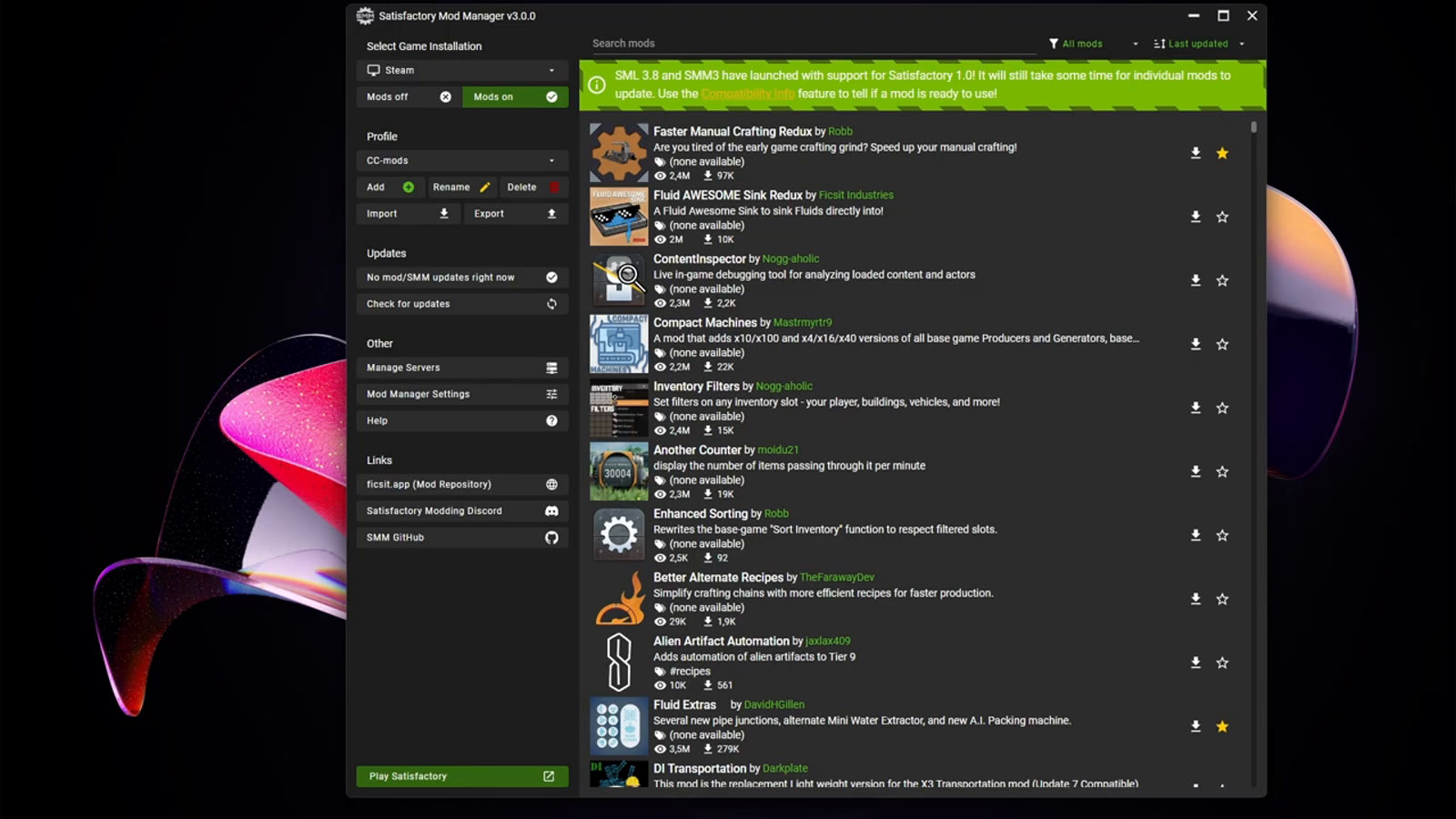 The Satisfactory Mod Manager's filter dropdown set to Compatible, showing only mods that work with the currently installed game version