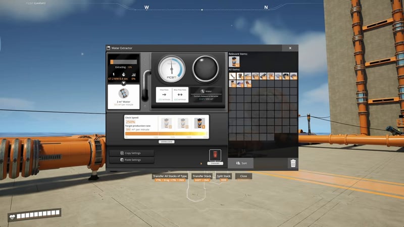 The pipe content UI showing current flow rate, max flow rate and fluid volume in a segment