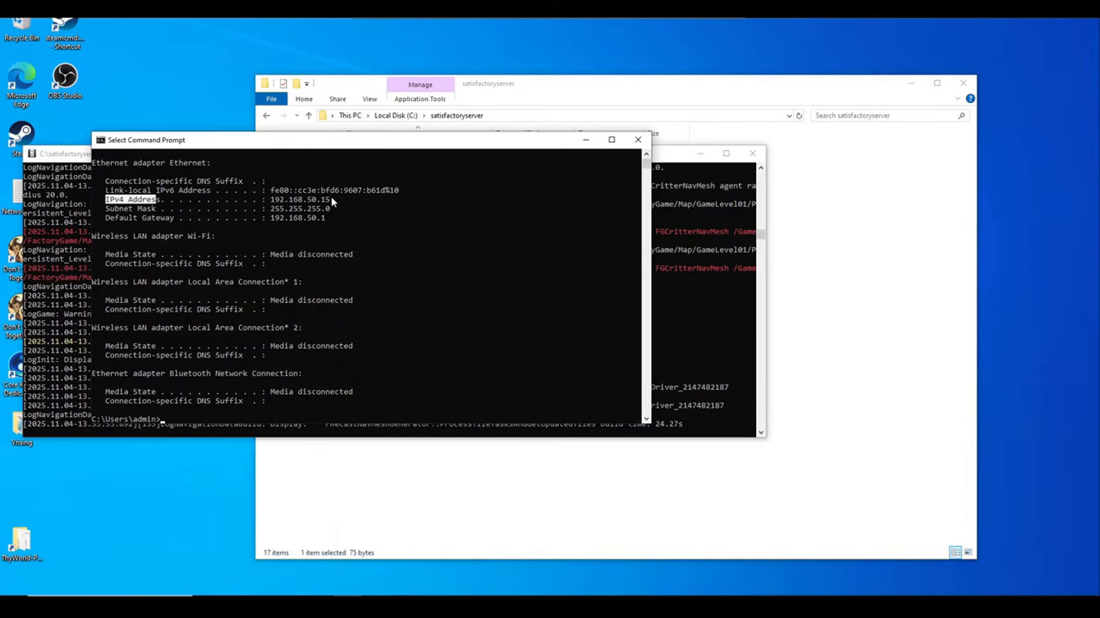 A Windows Command Prompt running ipconfig to display the local machine's IPv4 address