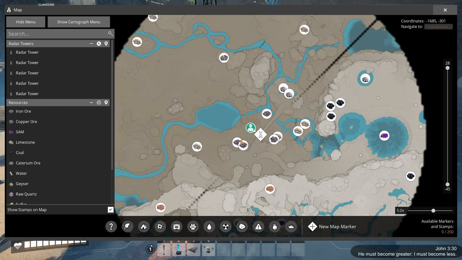 The Rocky Desert map view near a crater lake, showing three pure Iron nodes and a pure Copper node close to a coal-adjacent cliff
