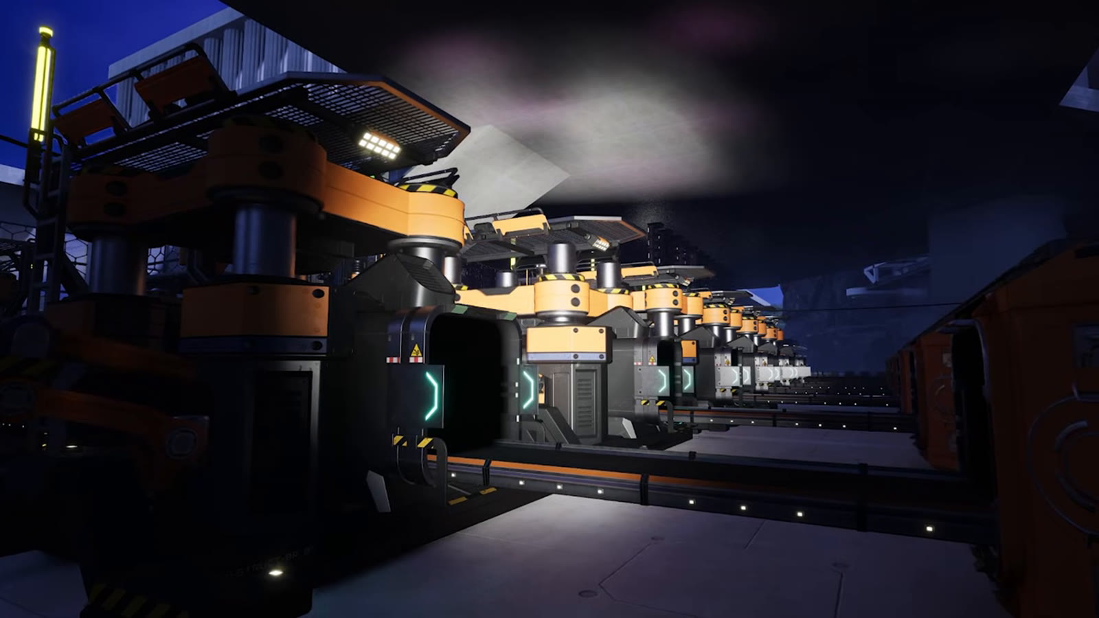 A small dedicated processing factory: one storage container feeding smart splitters into several single-slot slooped Constructors