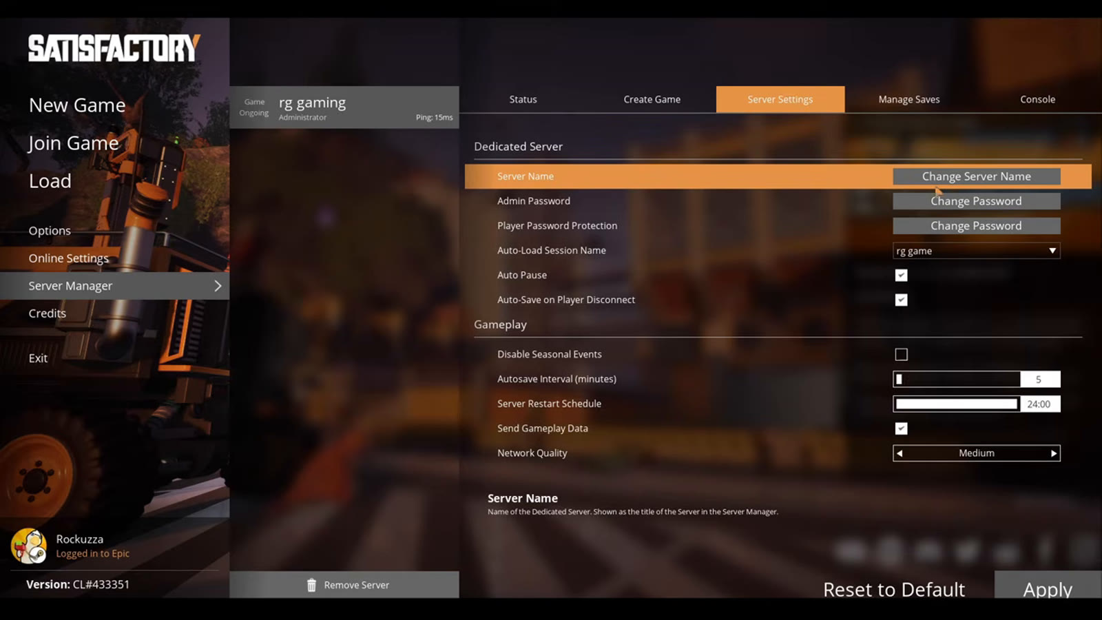 Satisfactory's Server Manager screen after connecting to a dedicated server, showing options to create a new session, set a server name, and manage admin and player passwords