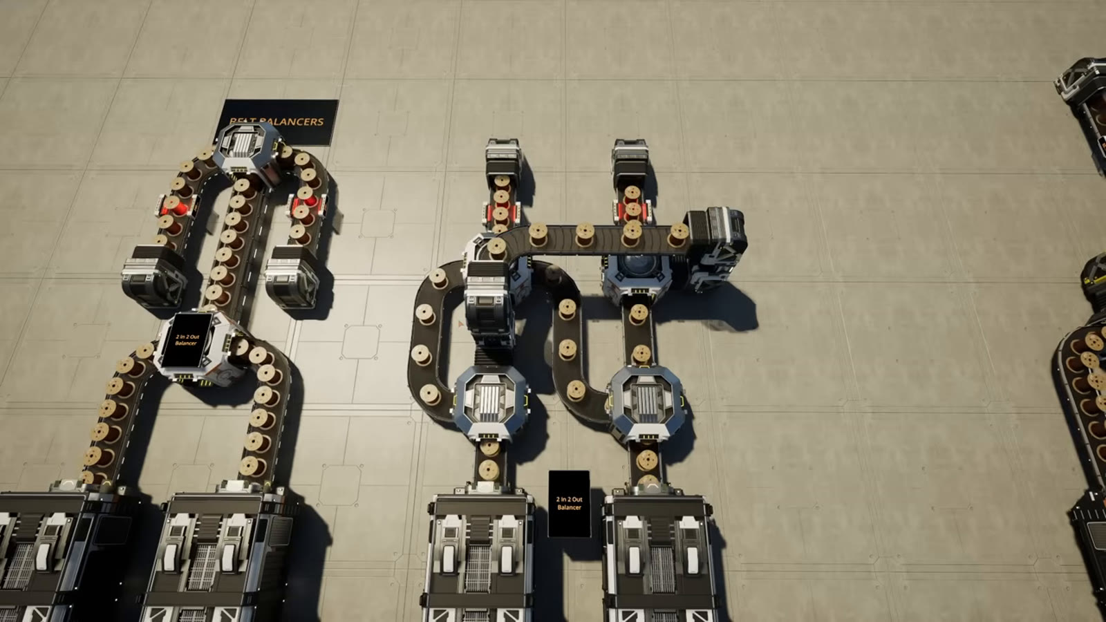 A two-in, two-out belt balancer build, showing two input belts each split and cross-merged into two output belts