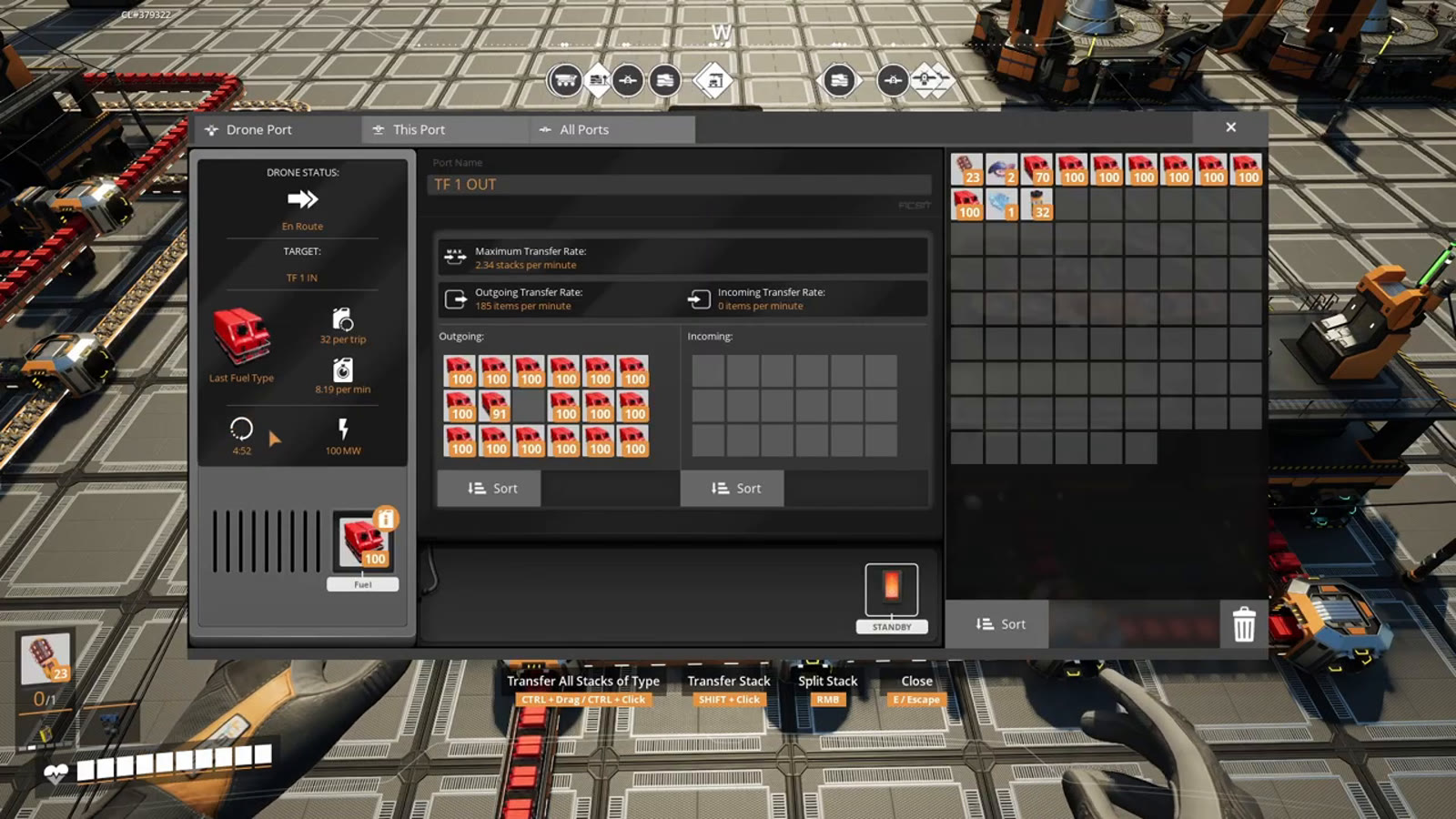 A Drone Port's interface displaying trip statistics: fuel canisters used per trip, round-trip duration, and throughput in items per minute