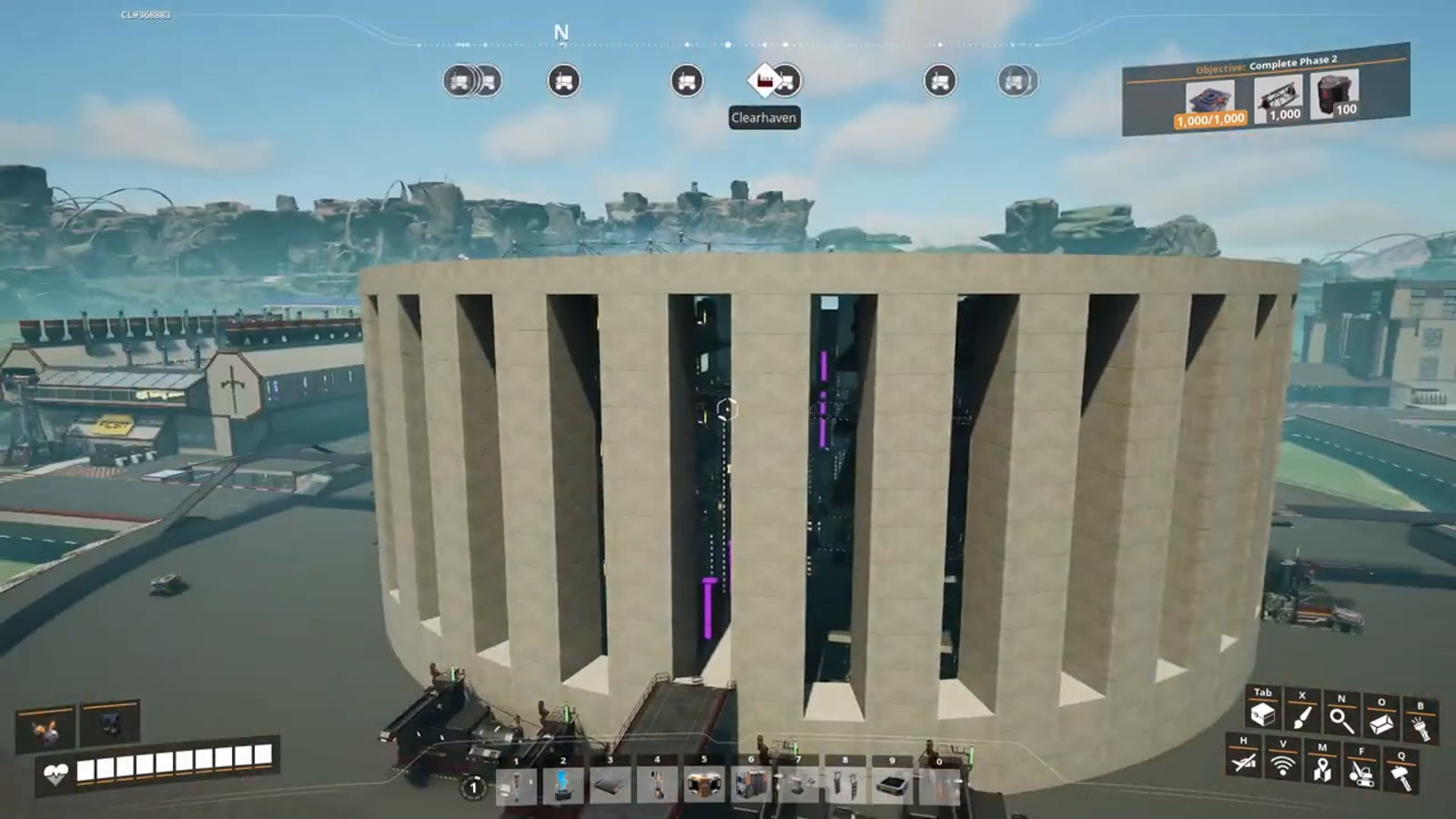 A first-person view inside Satisfactory with mods active, including an in-game settings menu opened via a mod-added keybind