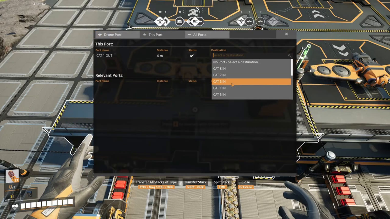 An overclocked Mark 3 miner pulling caterium ore, feeding a drone route that carries it to a distant Quickwire factory