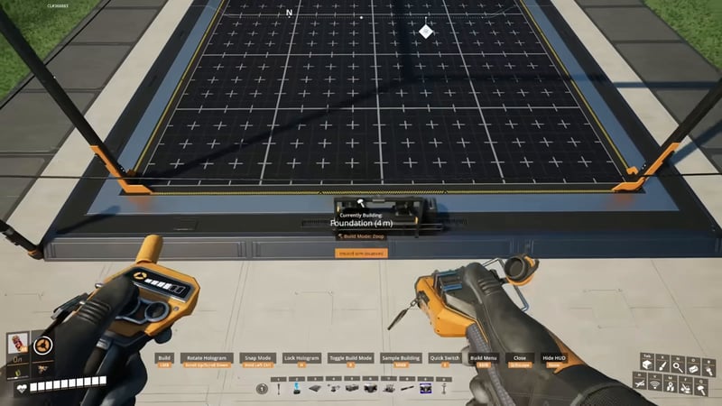 Placing a factory line blueprint in Blueprint build mode, snapping to a foundation edge
