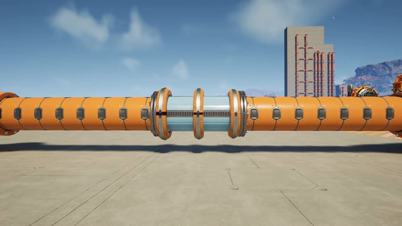 A full Mk.2 pipe splitting its flow unevenly into a Mk.2 and a Mk.1 output pipe