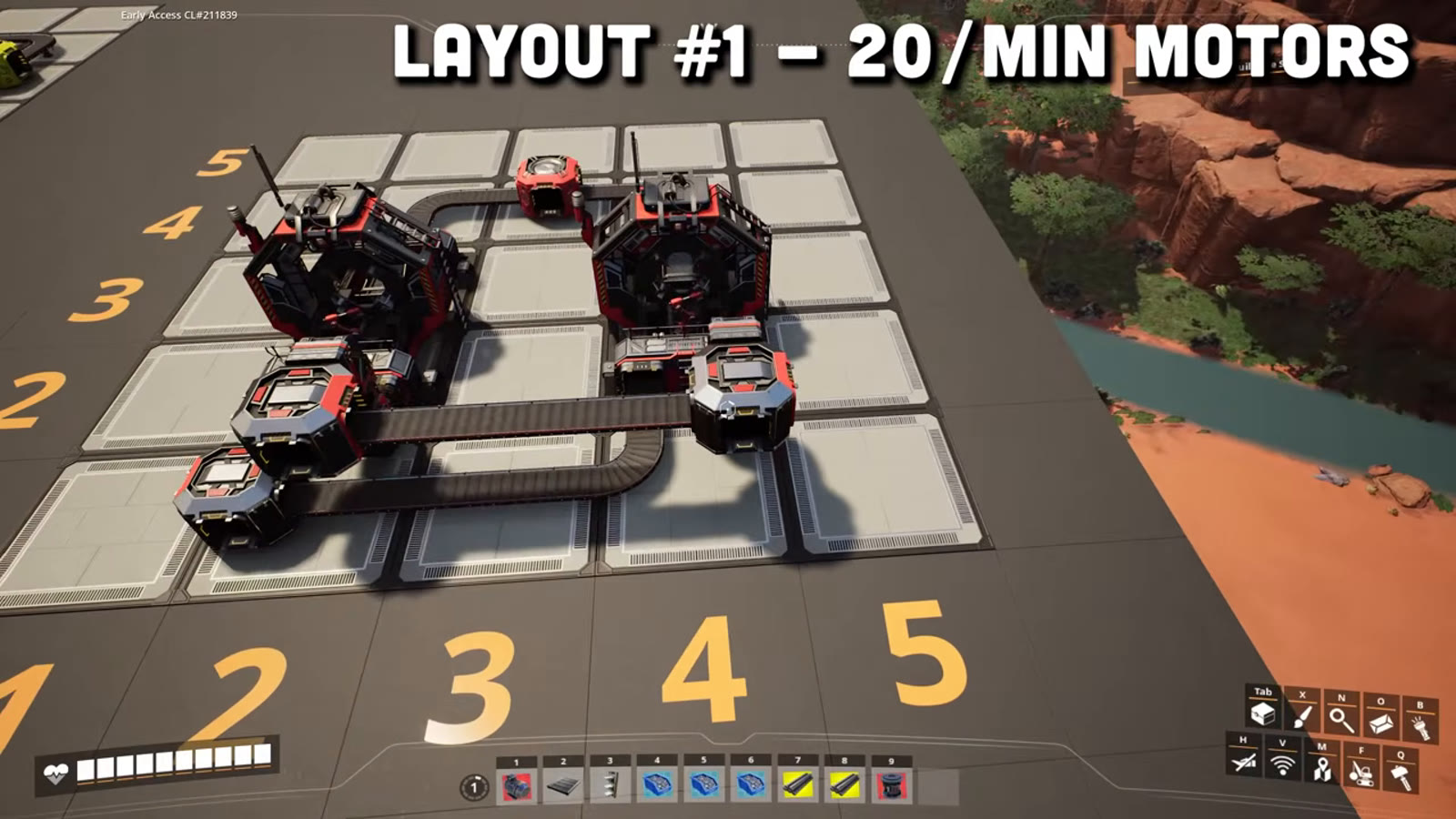 The completed Motor production line viewed from above, showing all three factories -- Stator, Rotor and Motor -- connected in sequence
