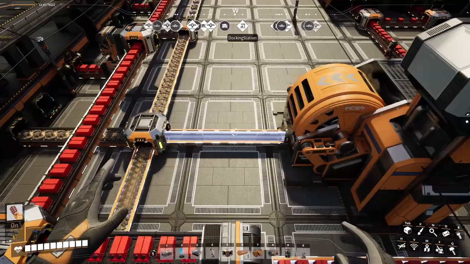 A smart splitter configured to overflow excess cargo into an AWESOME Sink, used to visually confirm whether a drone route is keeping up with a node's full output