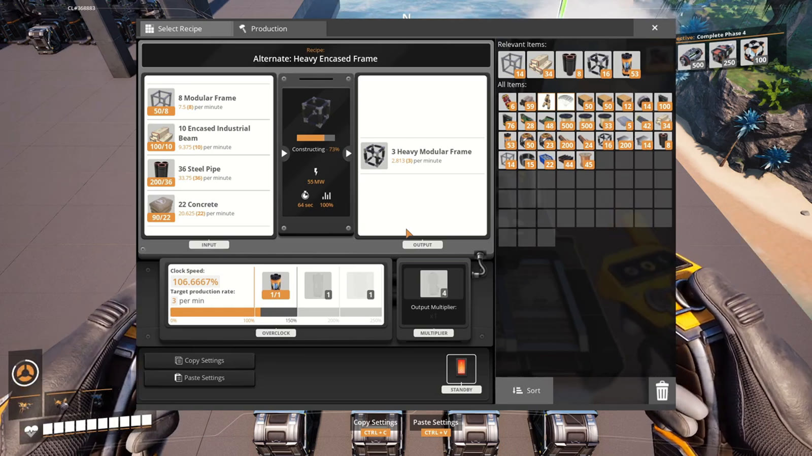 A single Manufacturer running the Heavy Encased Frame alternate recipe, the final step that combines every input chain into finished Heavy Modular Frames