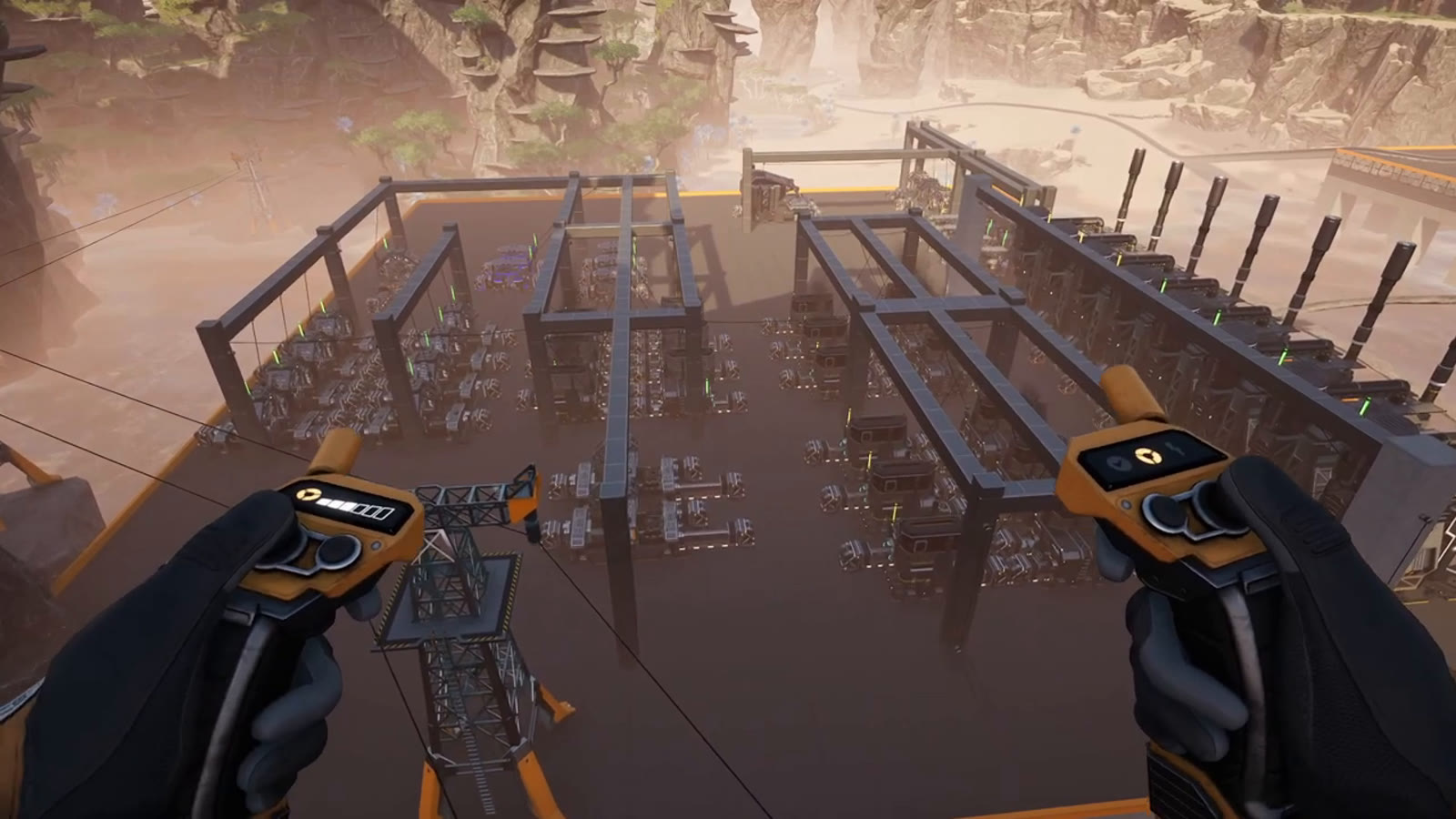 The completed integrated factory, showing beams, pipes and power infrastructure woven together across multiple production floors