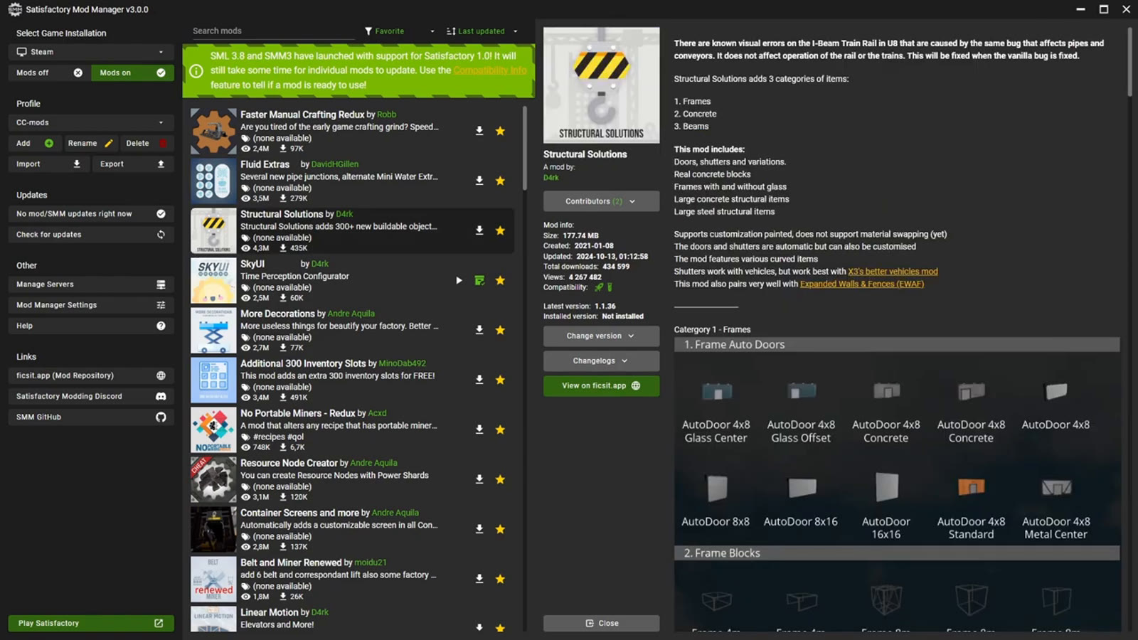 The Structural Solutions mod's page in the Mod Manager, showing a large variety of new buildable shapes and structural pieces