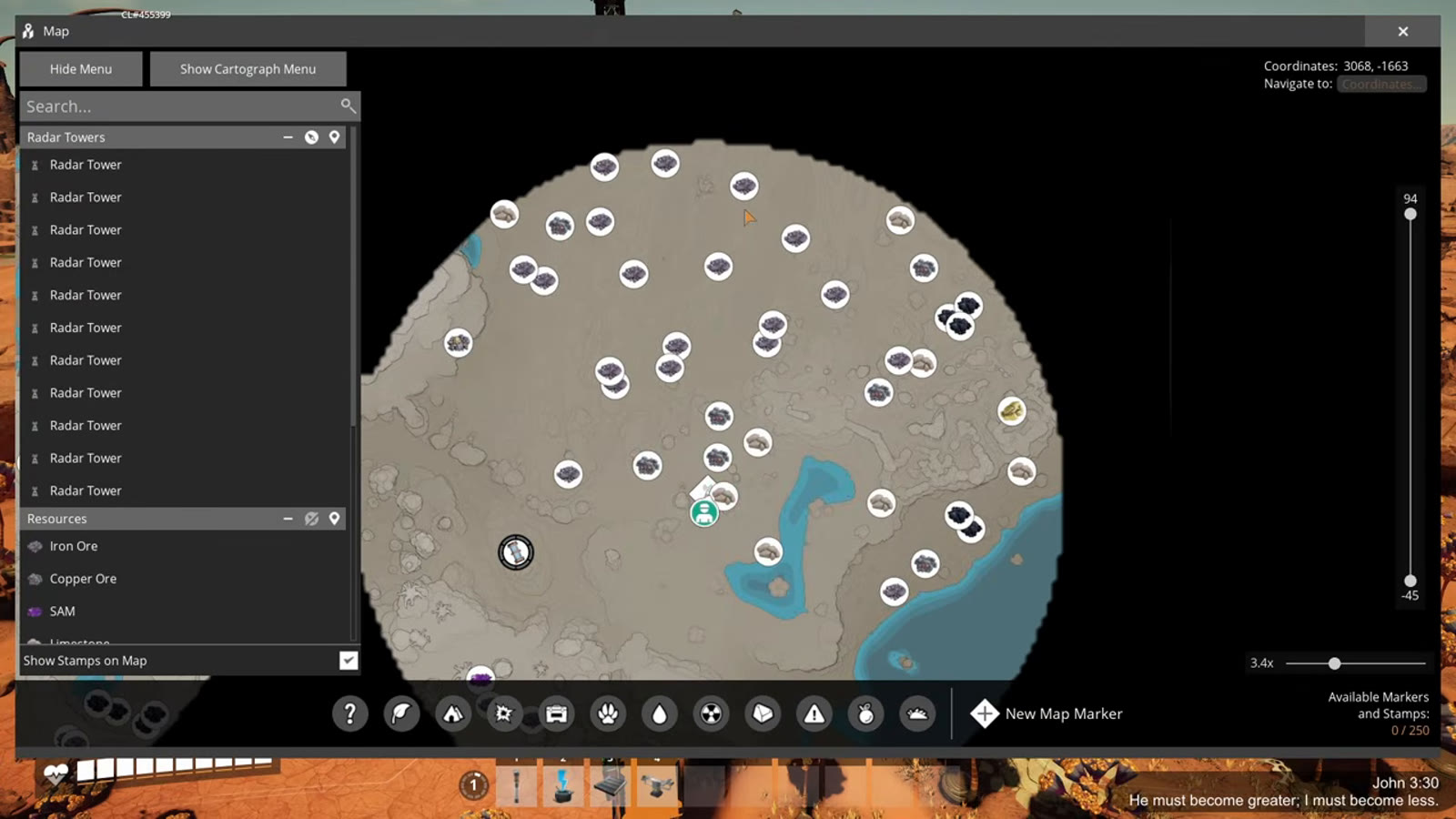 The southern Dune Desert starting spot, with iron, coal, copper and Caterium resources scattered across open sandy terrain