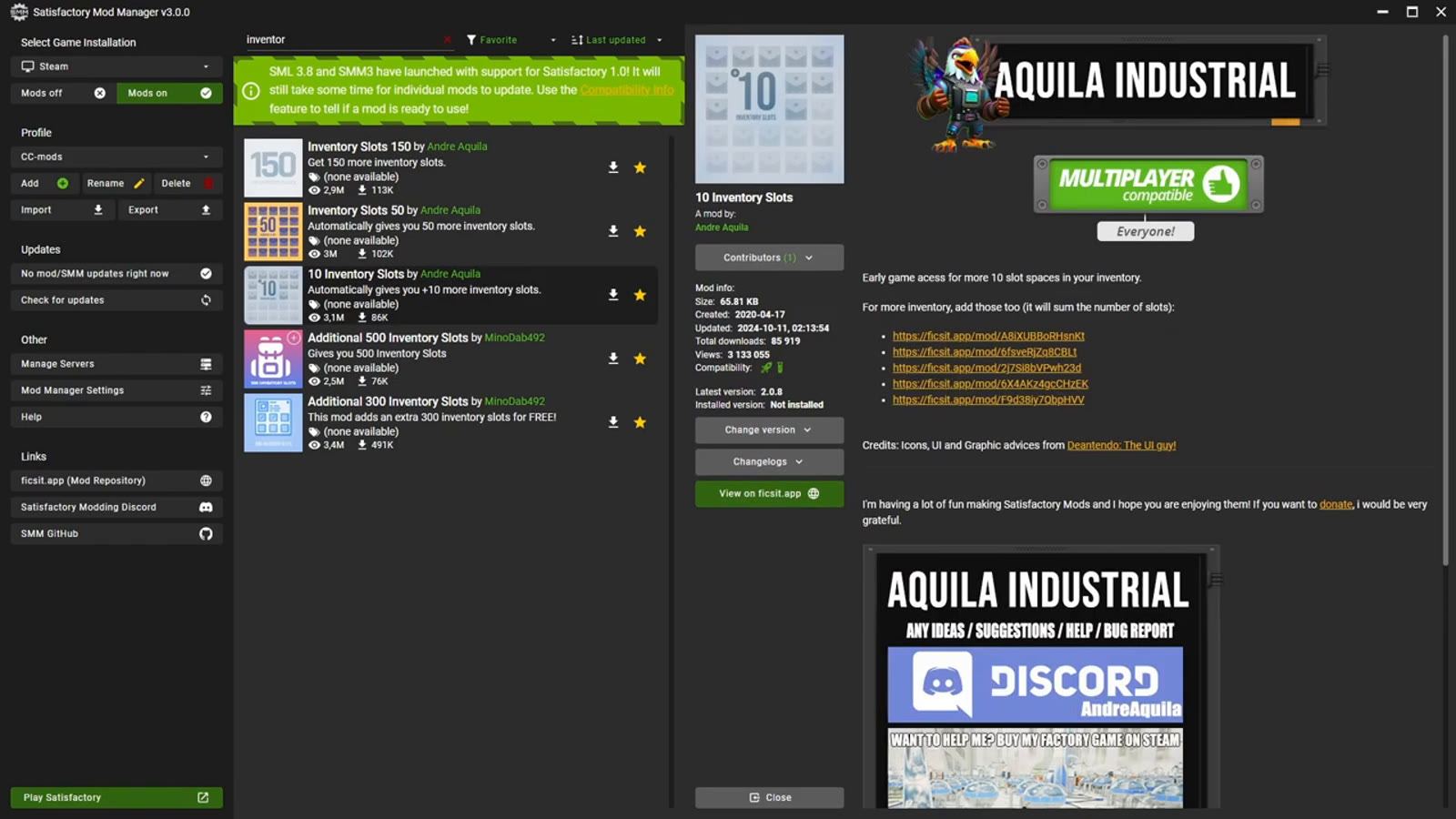 The Mod Manager's search results for inventory-related mods, showing several options that add extra inventory slots