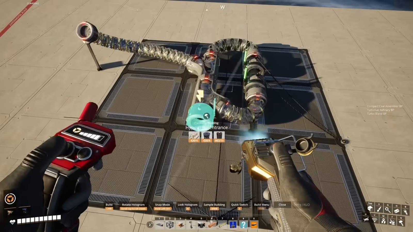 A completed hypertube launcher blueprint being used to send a Pioneer flying back toward their base after a long exploration trip