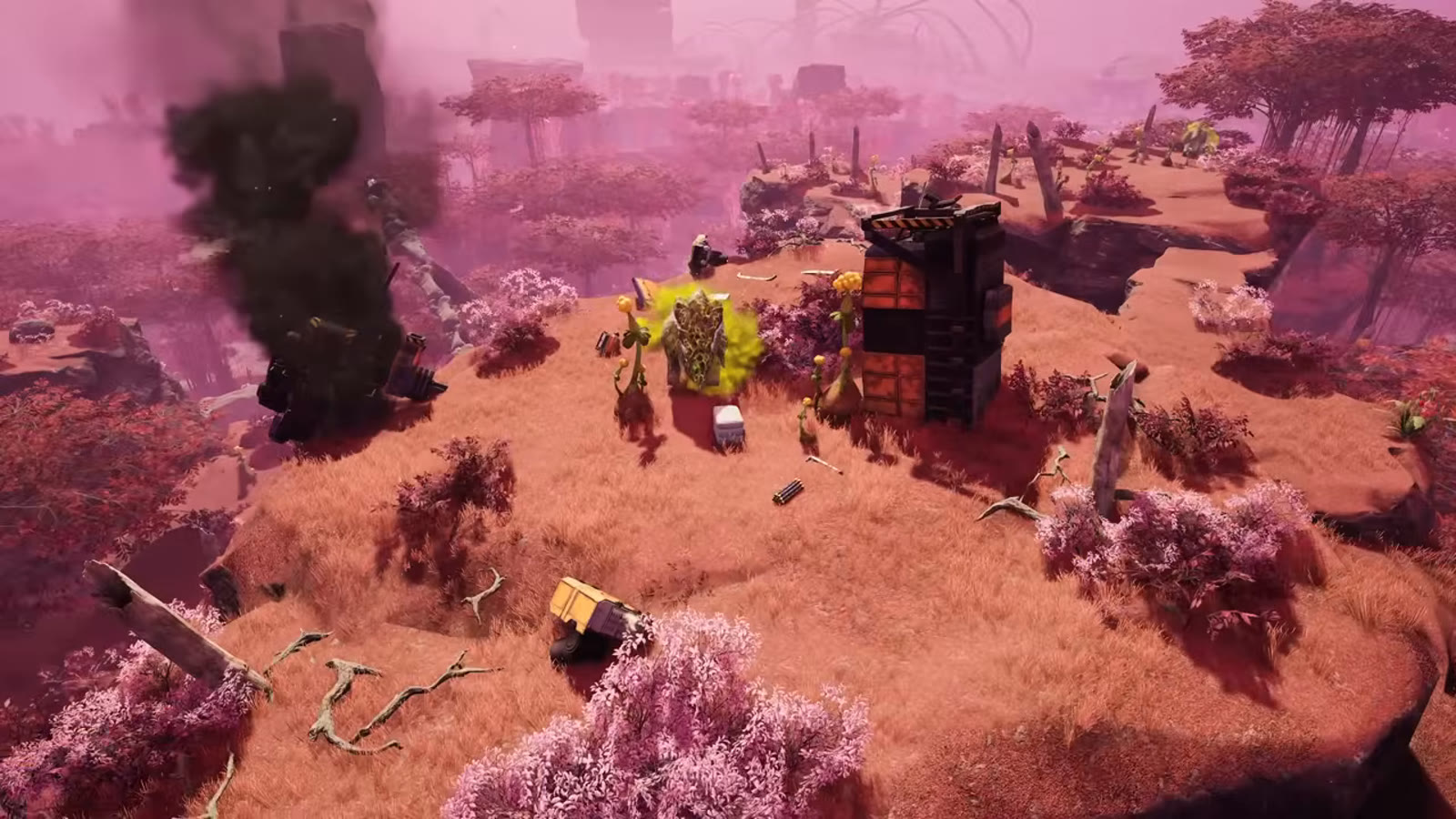 A Crash Site: burning wreckage, hostile alien fauna, and debris scattered around a dark storage container holding a Hard Drive