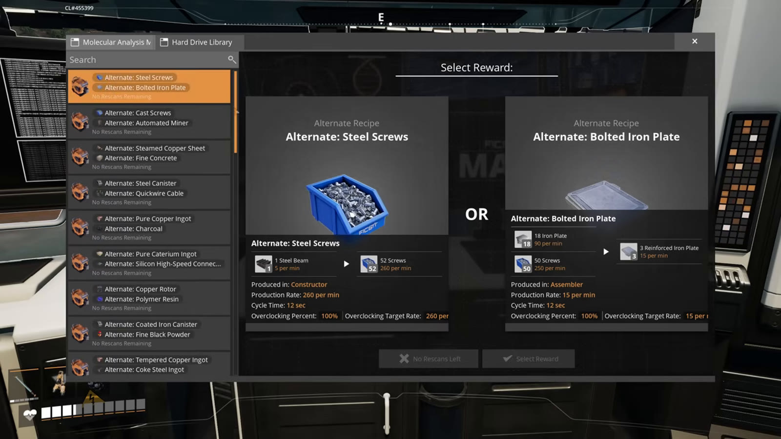 Choosing between two recipe rewards after scanning a Hard Drive, with a rescan option available